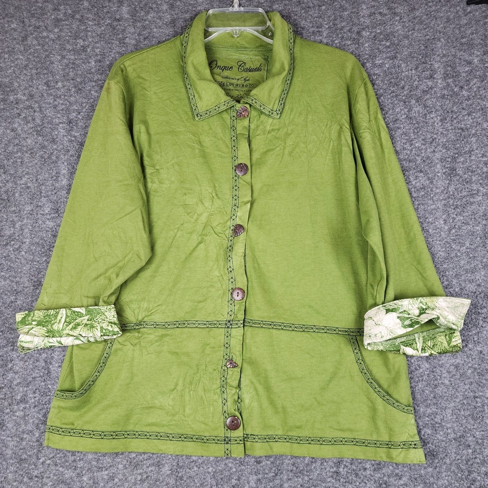 Onque Casuals Button Front Top Womens XL Green Wood Buttons Floral Cuffs Boho